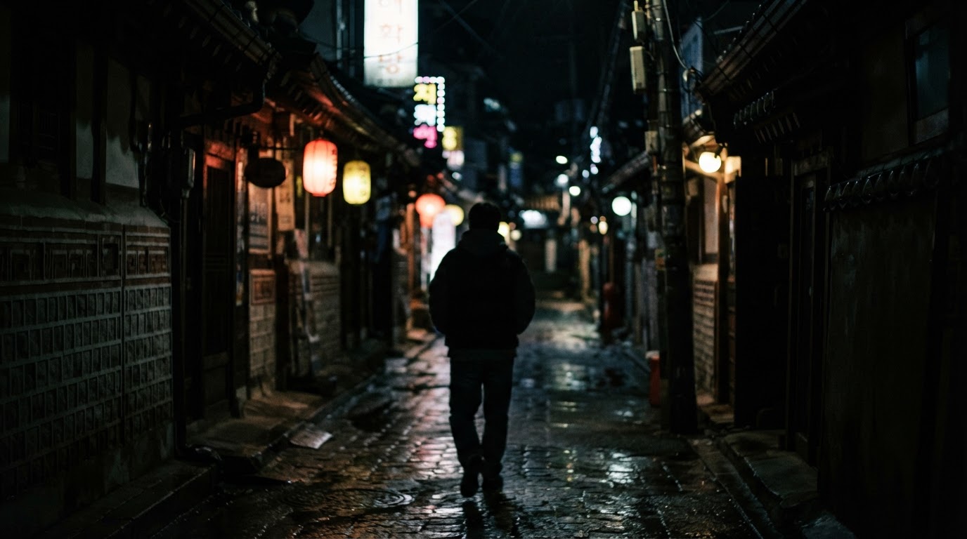 A single blurred silhouette receding into the darkness, an unidentifiable figure seen from behind on a winter night (not a composite sketch, identity not discernible)