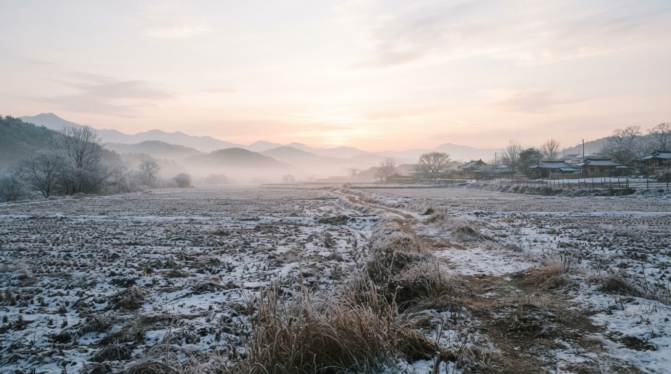 A winter field at first light, faint dawn spreading beyond the horizon as the mist slowly lifts