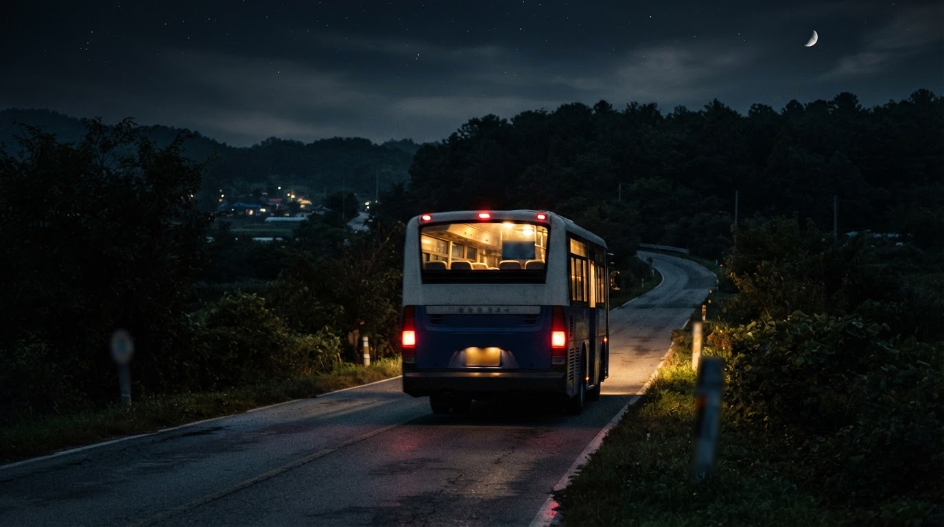 The rear of the last city bus of the night pulling away down an empty country road, warm yellow light spilling from its windows