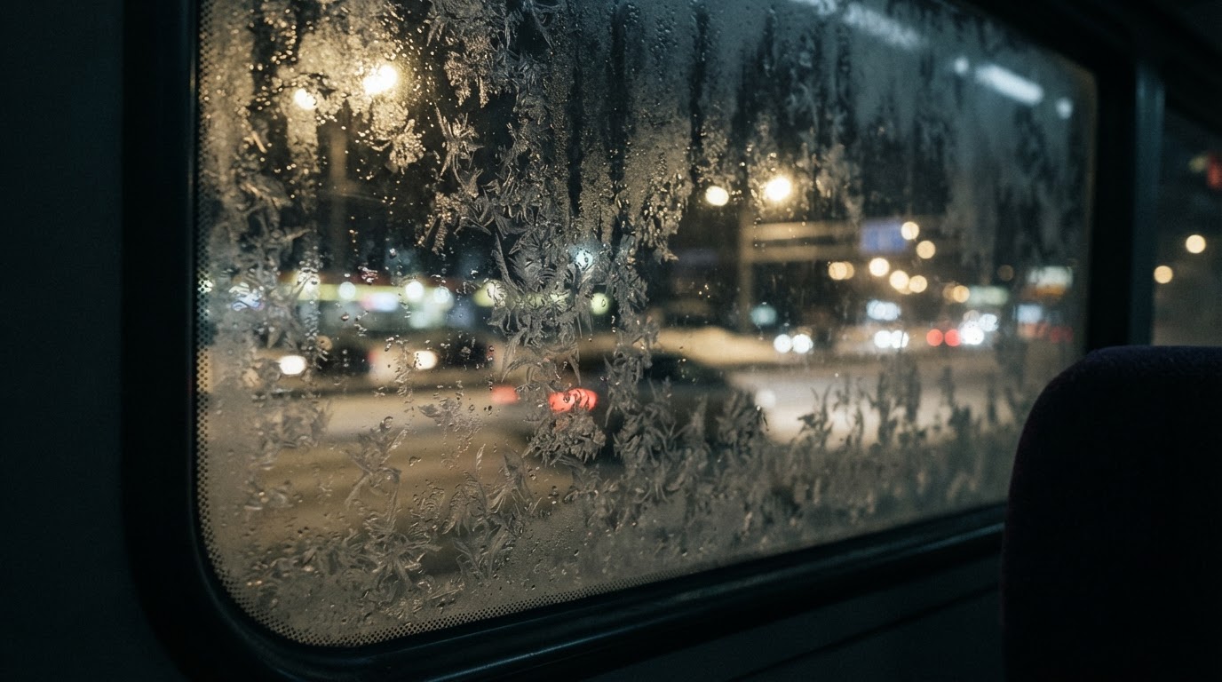 City lights of a winter night road blurred behind frost forming on a bus window