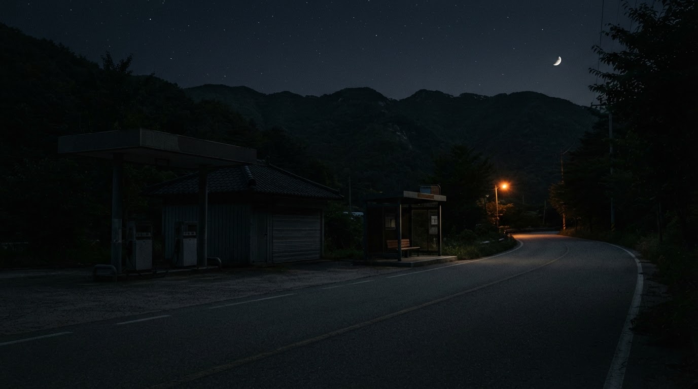 The faint silhouette of a darkened, closed gas station beside an empty rural bus stop at night