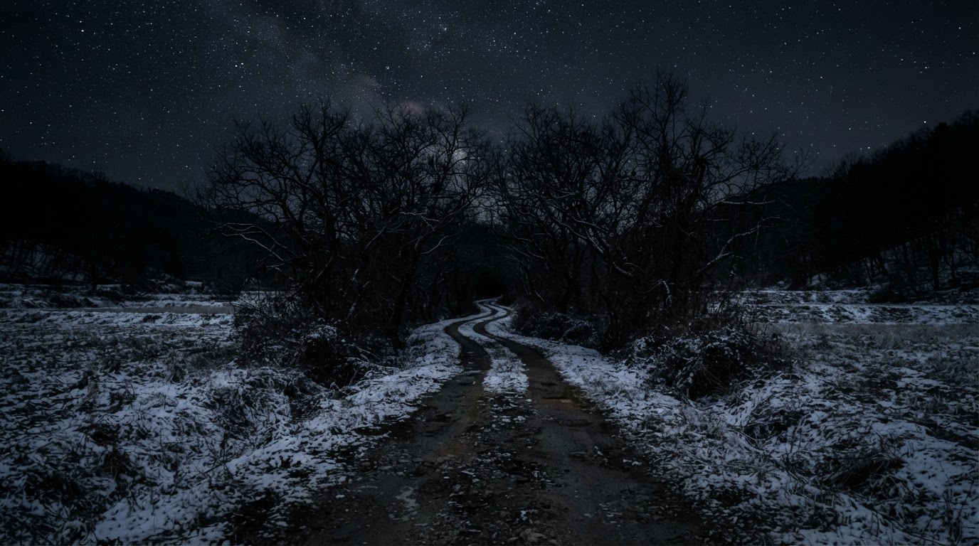 A narrow country lane running between snow-covered winter fields, pitch dark with not a single streetlight