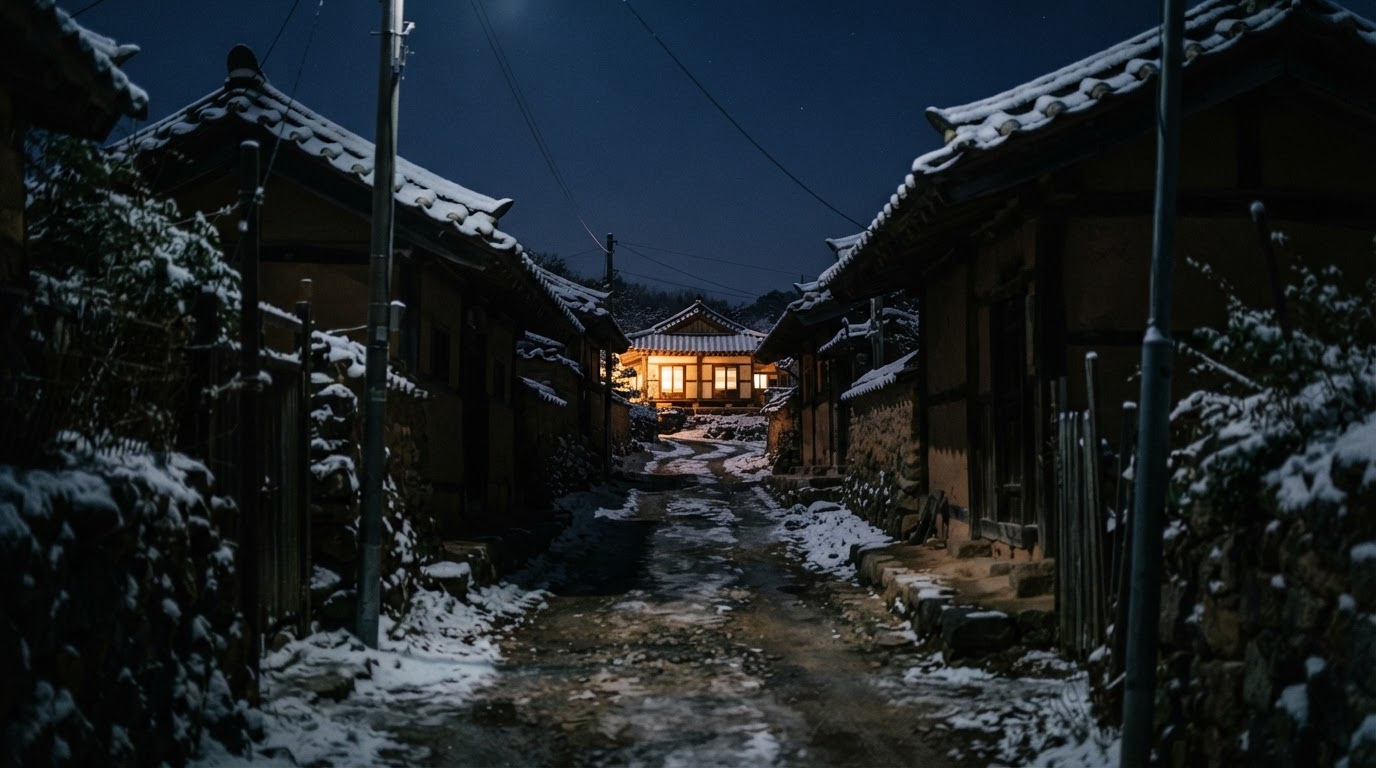 The mouth of an alley on a winter night, one house with its lights on and a dark road leading away from it