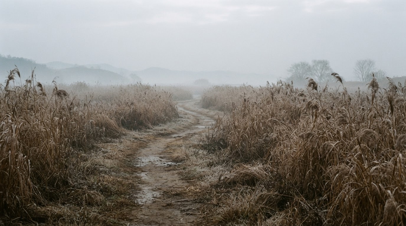 A narrow dirt path threading through dry winter reeds, a thin mist hanging over the early morning