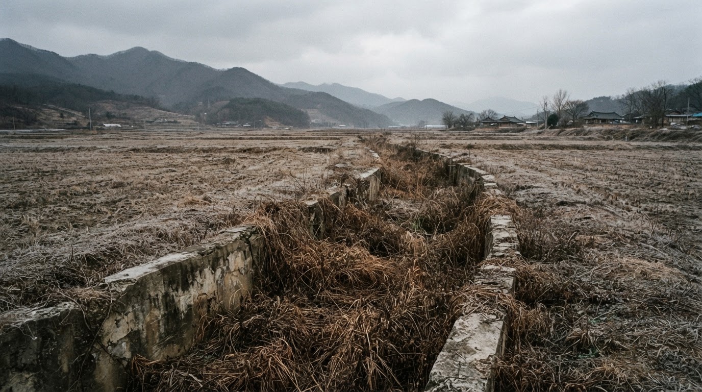 An old concrete drainage ditch overgrown with dead grass, an empty winter field with no one in sight