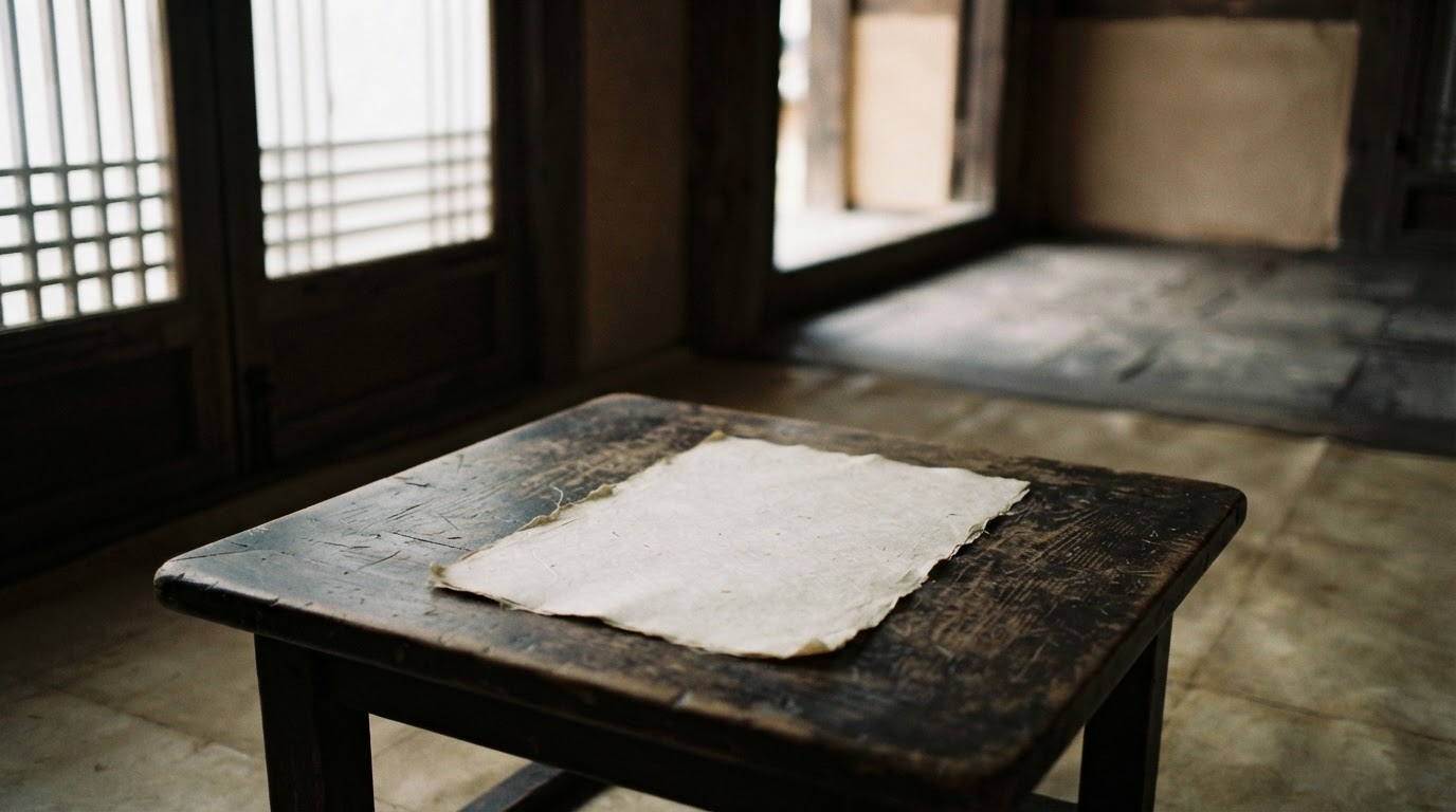 A single faded sheet of paper resting on an old wooden table, soft overcast afternoon light coming through a window (no legible text)