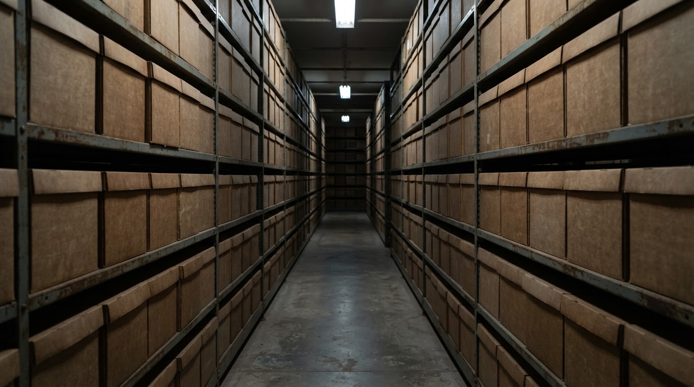 A dark archive room lined with unlabeled cold-case storage boxes (no legible text)