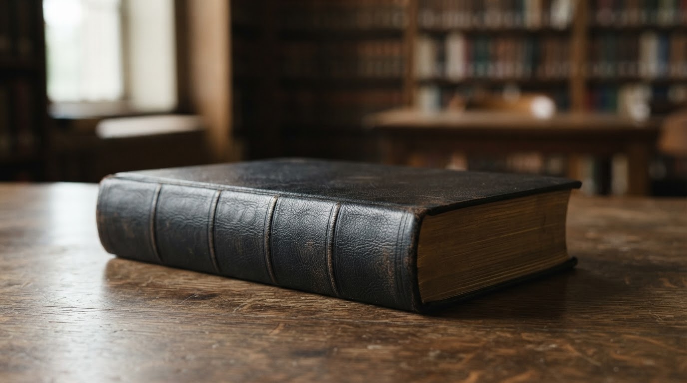 A single thick book of law lying closed, its cover bearing no lettering (no legible text)