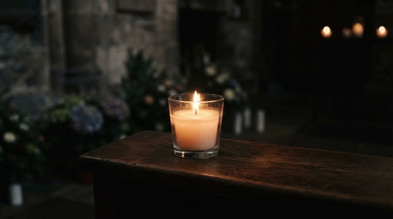A single lit candle at a quiet place of remembrance, warm light