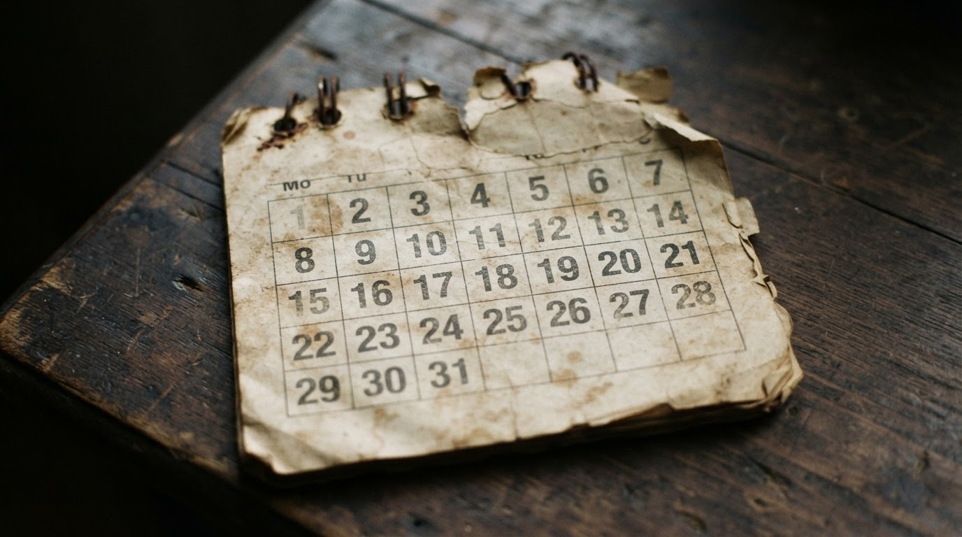An old calendar marking the passage of years, its numbers and words blurred (no legible text)