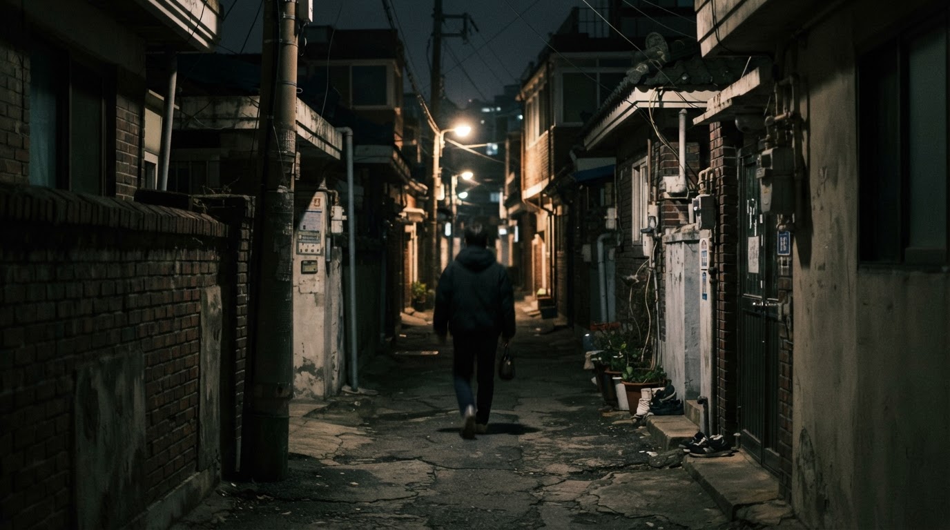 A blurred silhouette of a single figure vanishing toward the end of an alley (not a composite sketch, unidentifiable)