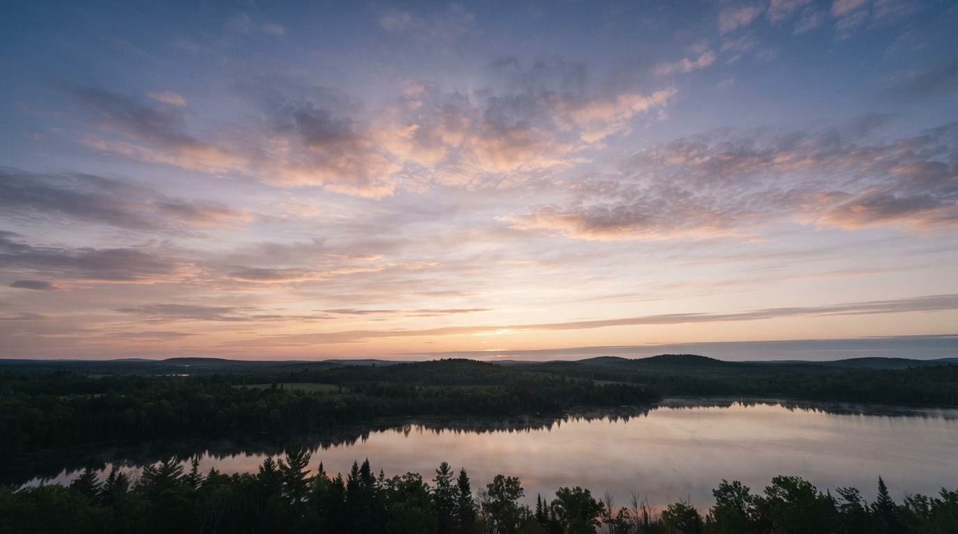 A calm sky brightening at first light, a faint glow spreading across the dawn