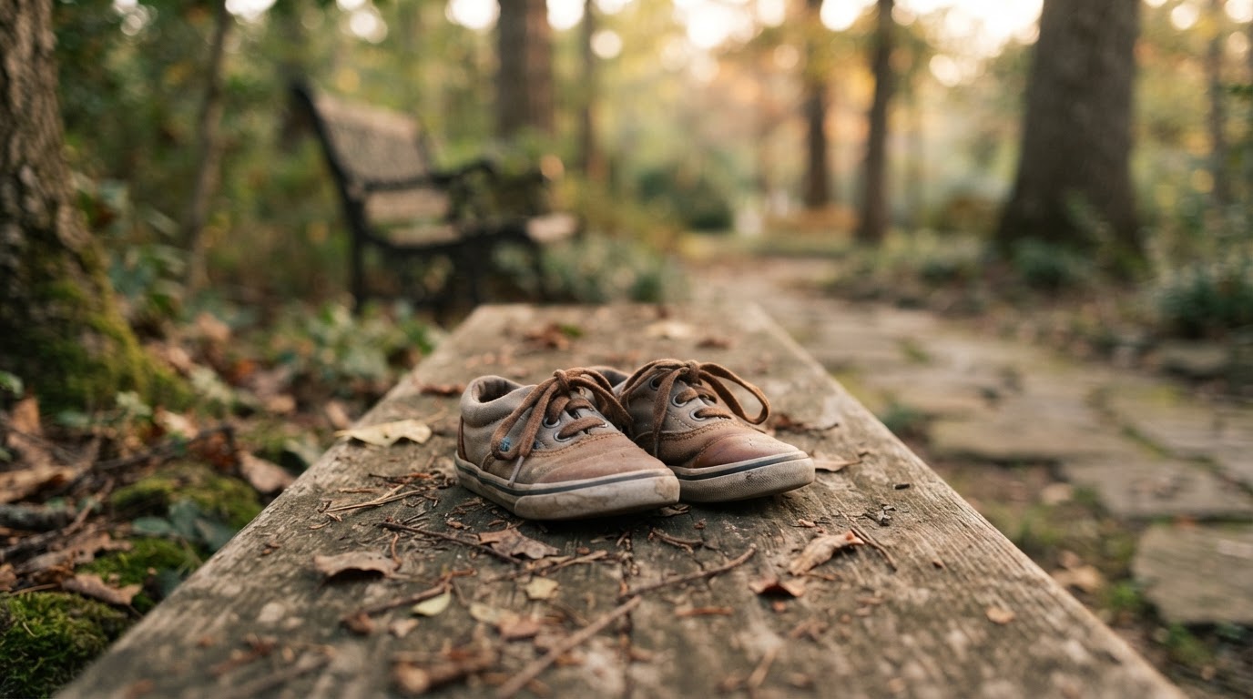 A lyrical image of remembrance — a single small pair of shoes set down, a warm and gentle mood (a symbolic, non-graphic image)