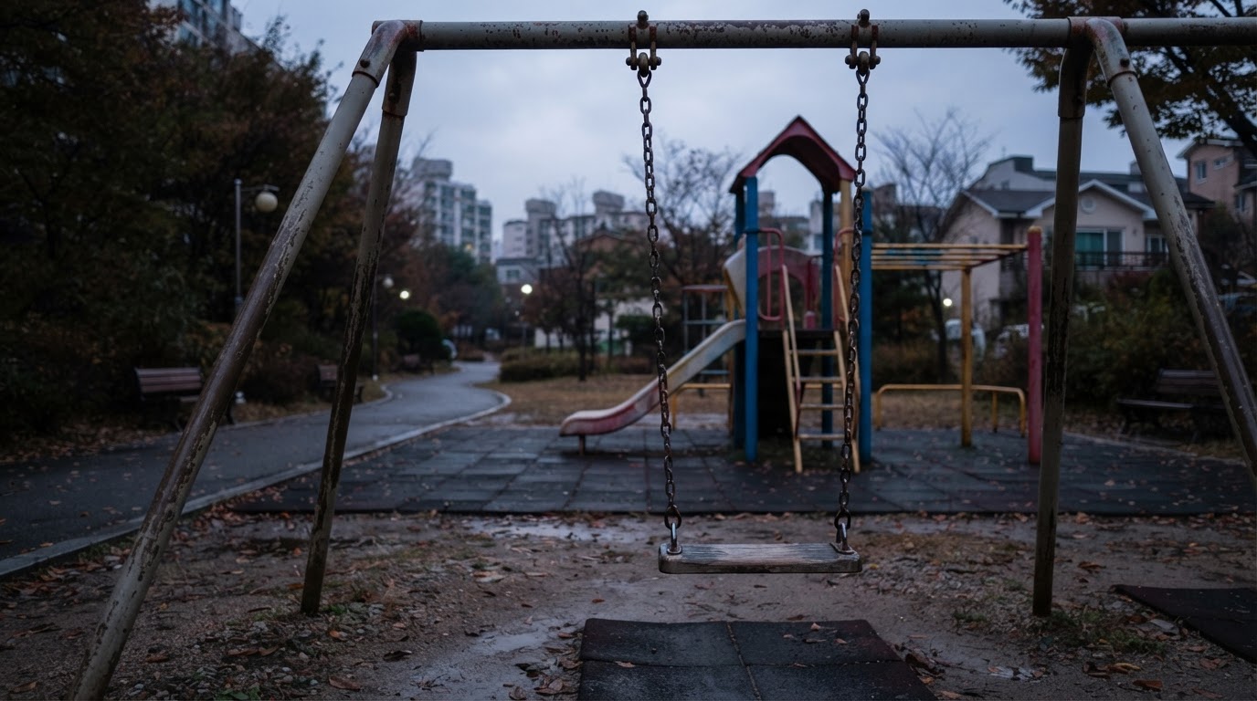 An empty playground after the children have gone, a single swing hanging motionless