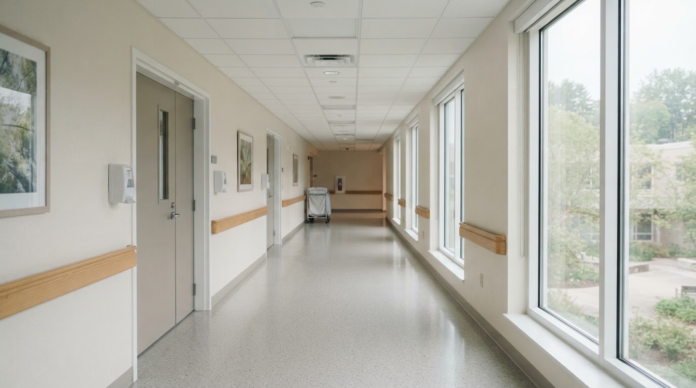 A neutral hospital corridor, soft light coming through the windows into a quiet space