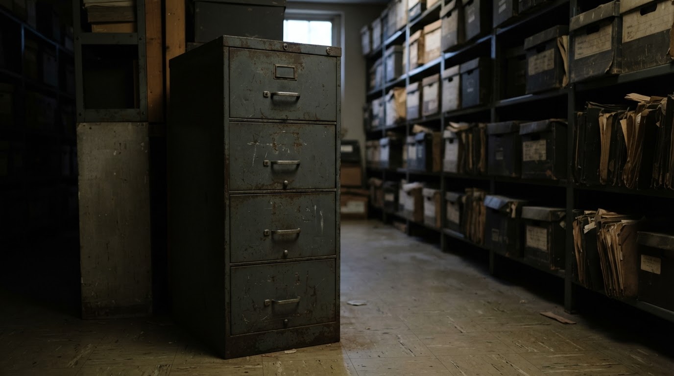 An old steel cabinet where cold-case records sleep, dim lighting (no legible text)