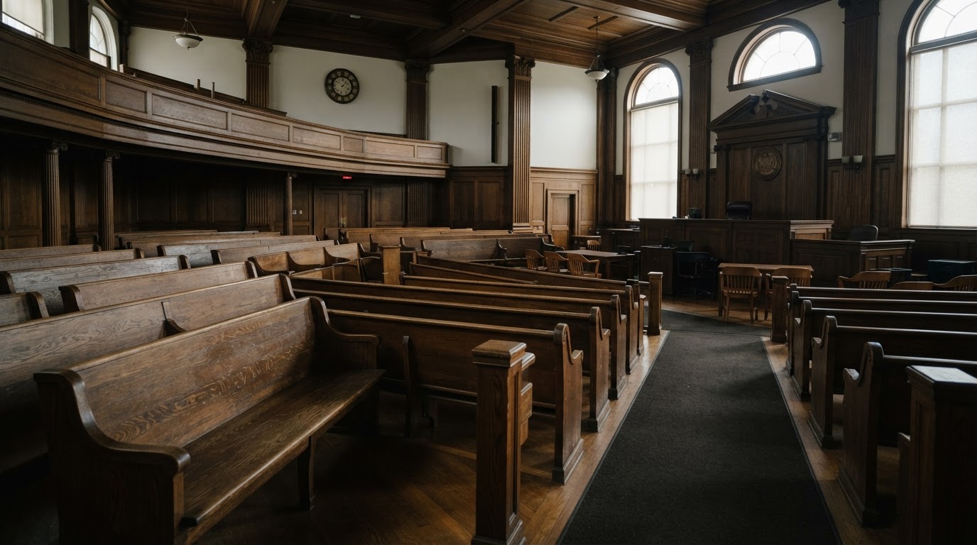 An empty courtroom, unoccupied gallery seats and a silent interior