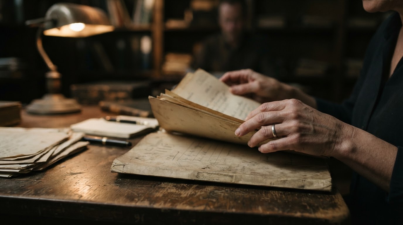 Hands opening an old case file again, blurred with no lettering (no legible text)