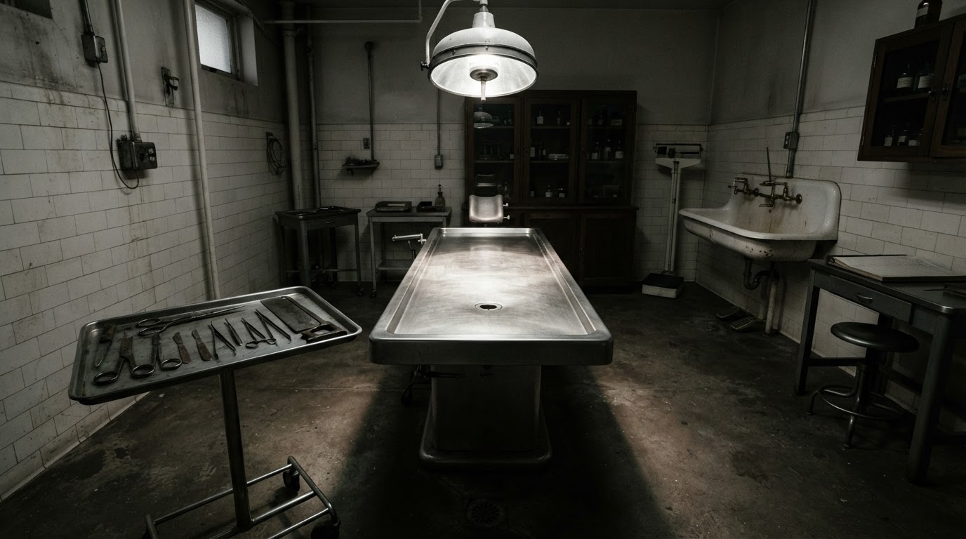 A dim 1940s-era autopsy room, stainless steel table and worn medical instruments