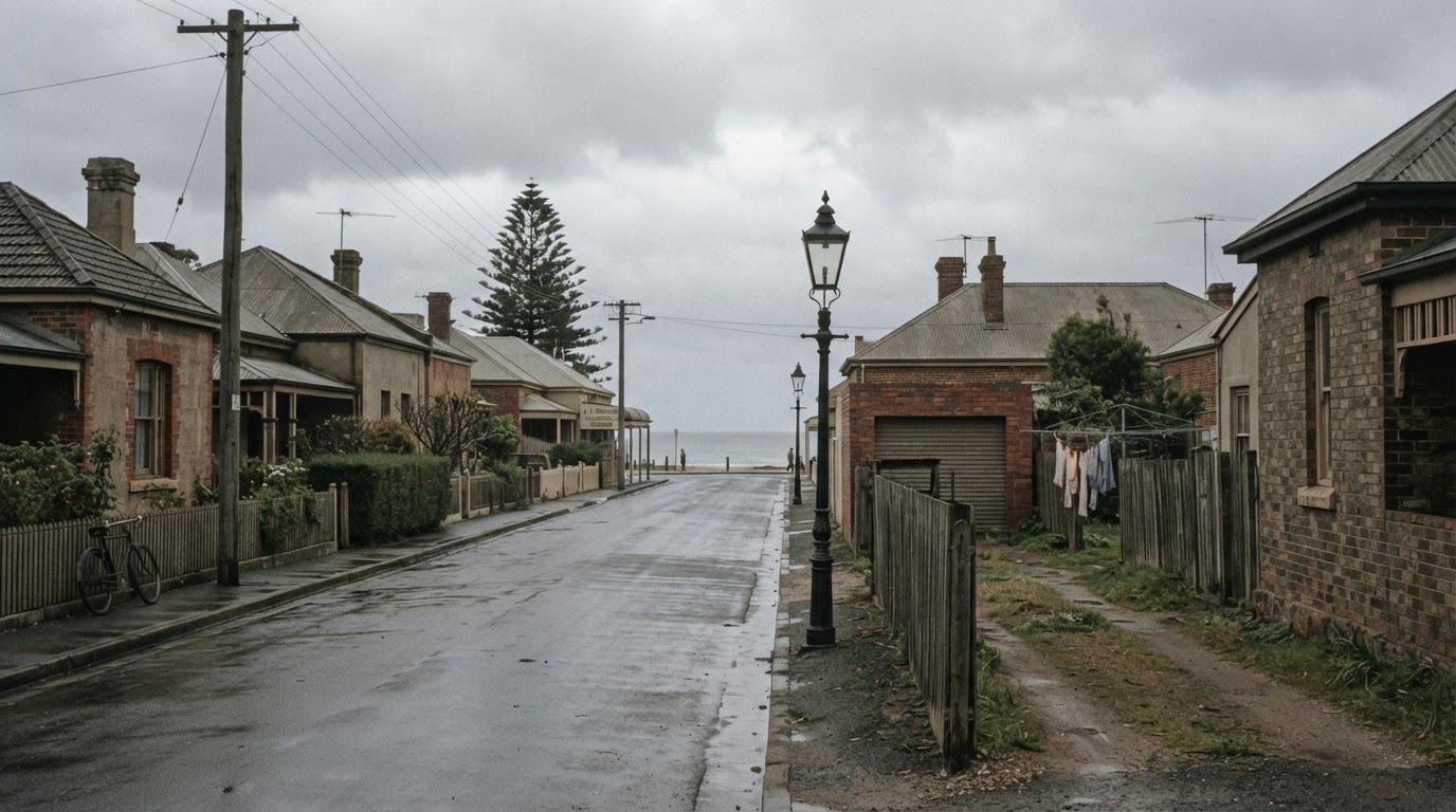 A quiet late-1940s Adelaide seaside neighbourhood and laneway on an overcast afternoon