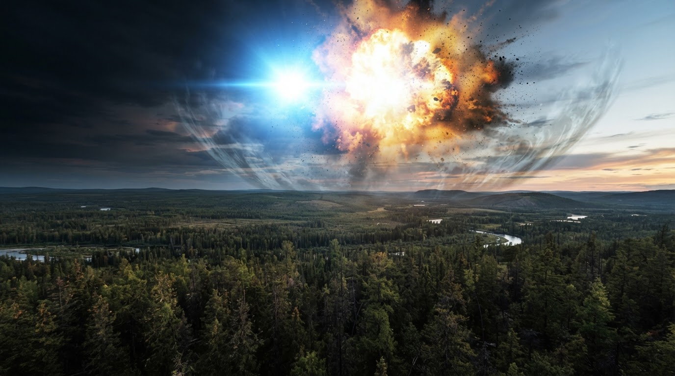 A vast fireball and flash of light exploding in the sky above Siberia