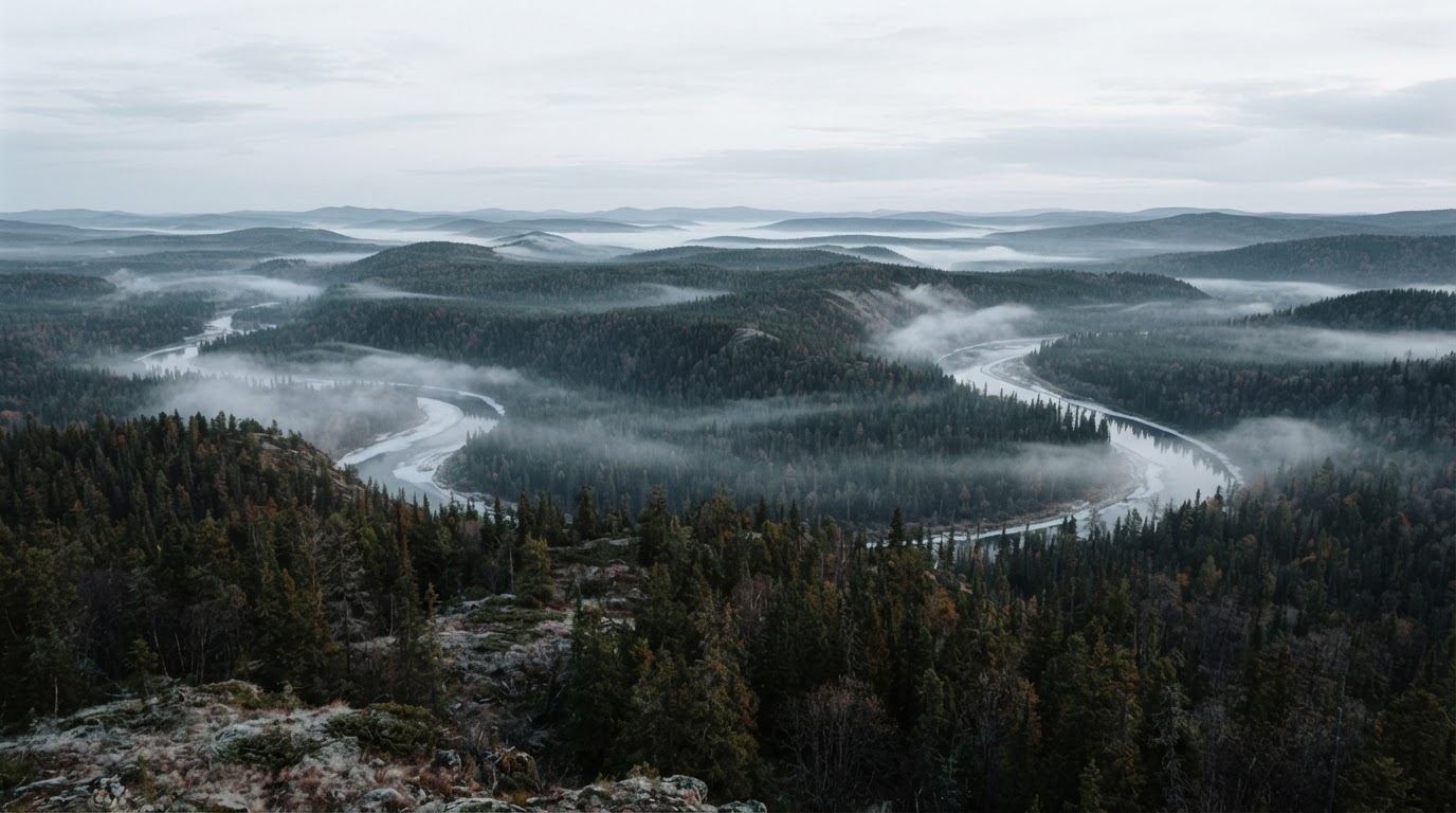 A sweeping wide view of pristine early-1900s Siberian coniferous forest