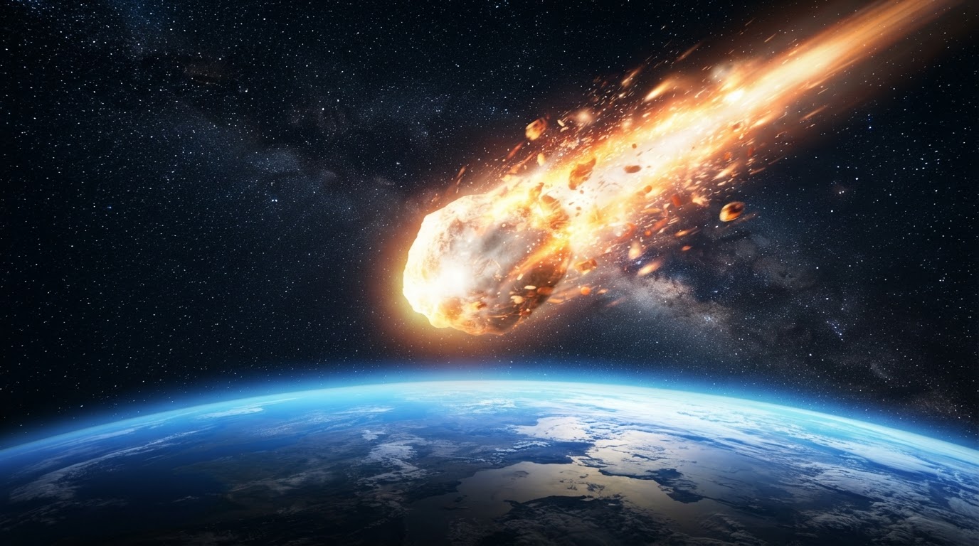 An artist's conception of an asteroid burning white-hot and breaking apart as it enters the atmosphere