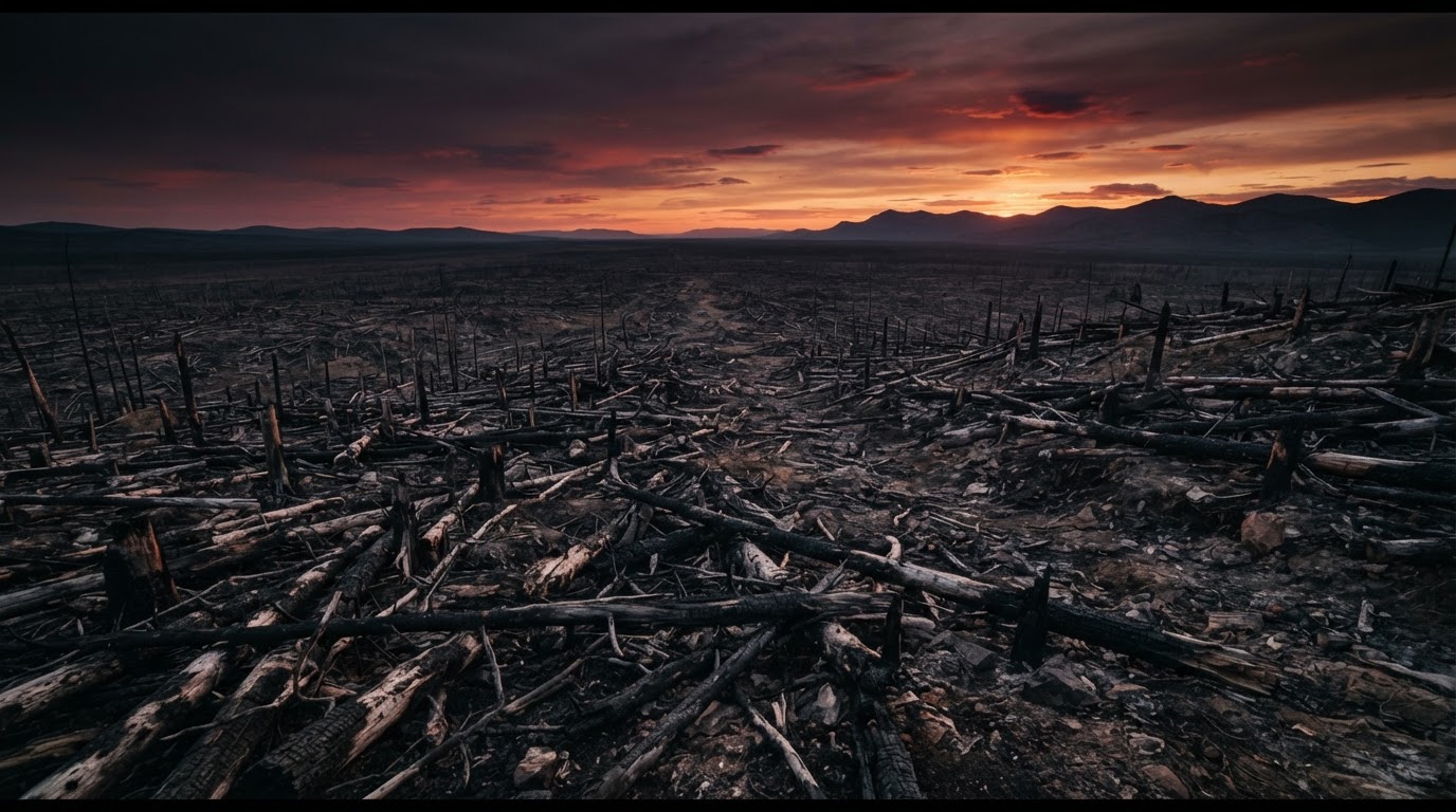 A vast desolate plain stretching to the horizon beneath a fading red sky