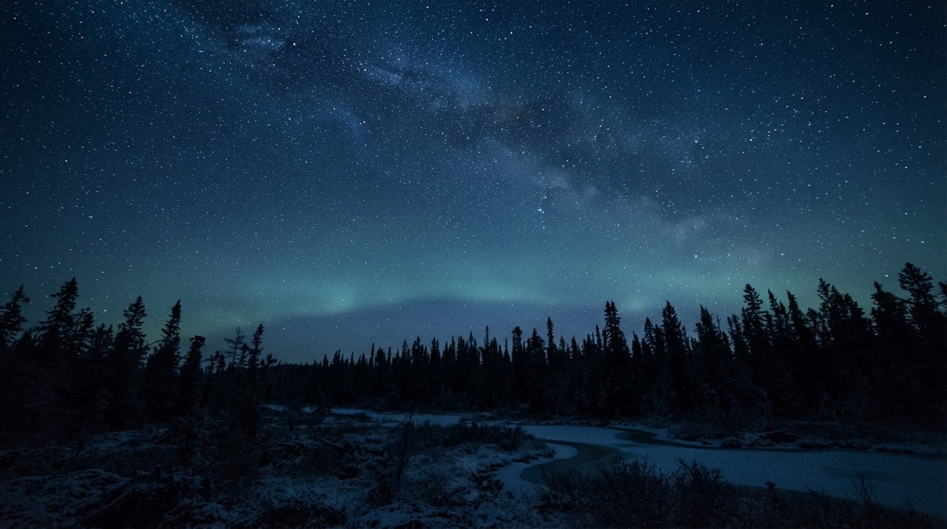 A quiet, star-filled Siberian night sky above a dark forested horizon