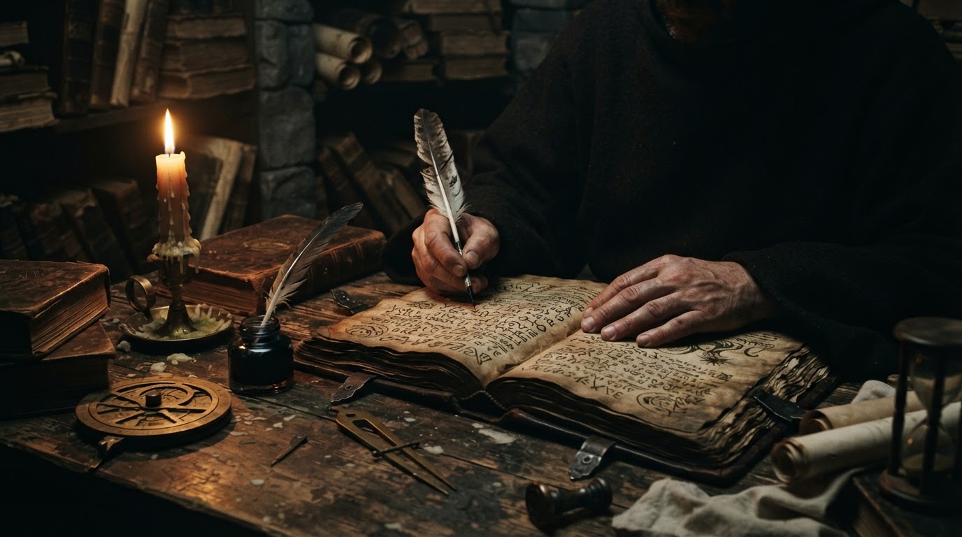 A medieval-style scholar's hands and desk, poring over an old unknown manuscript by candlelight