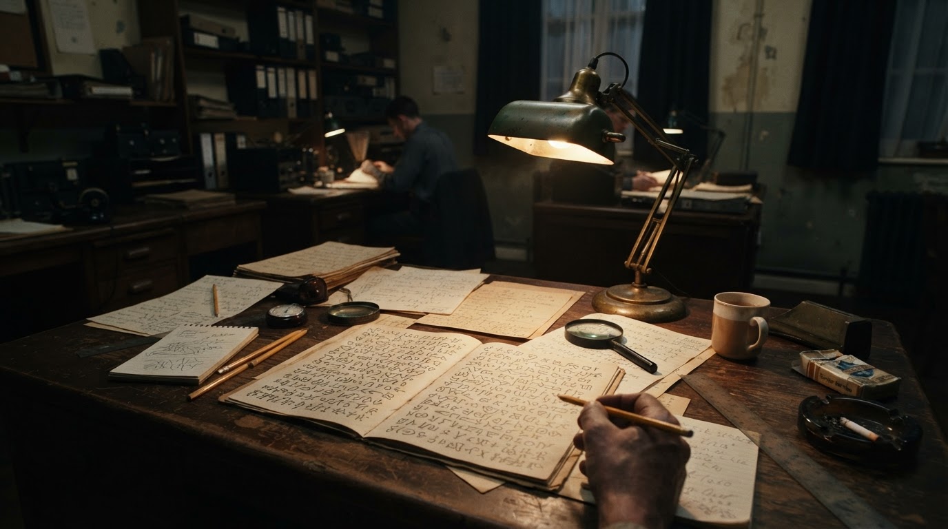 Papers and a manuscript facsimile on a worn desk, evoking a Second World War codebreaking room