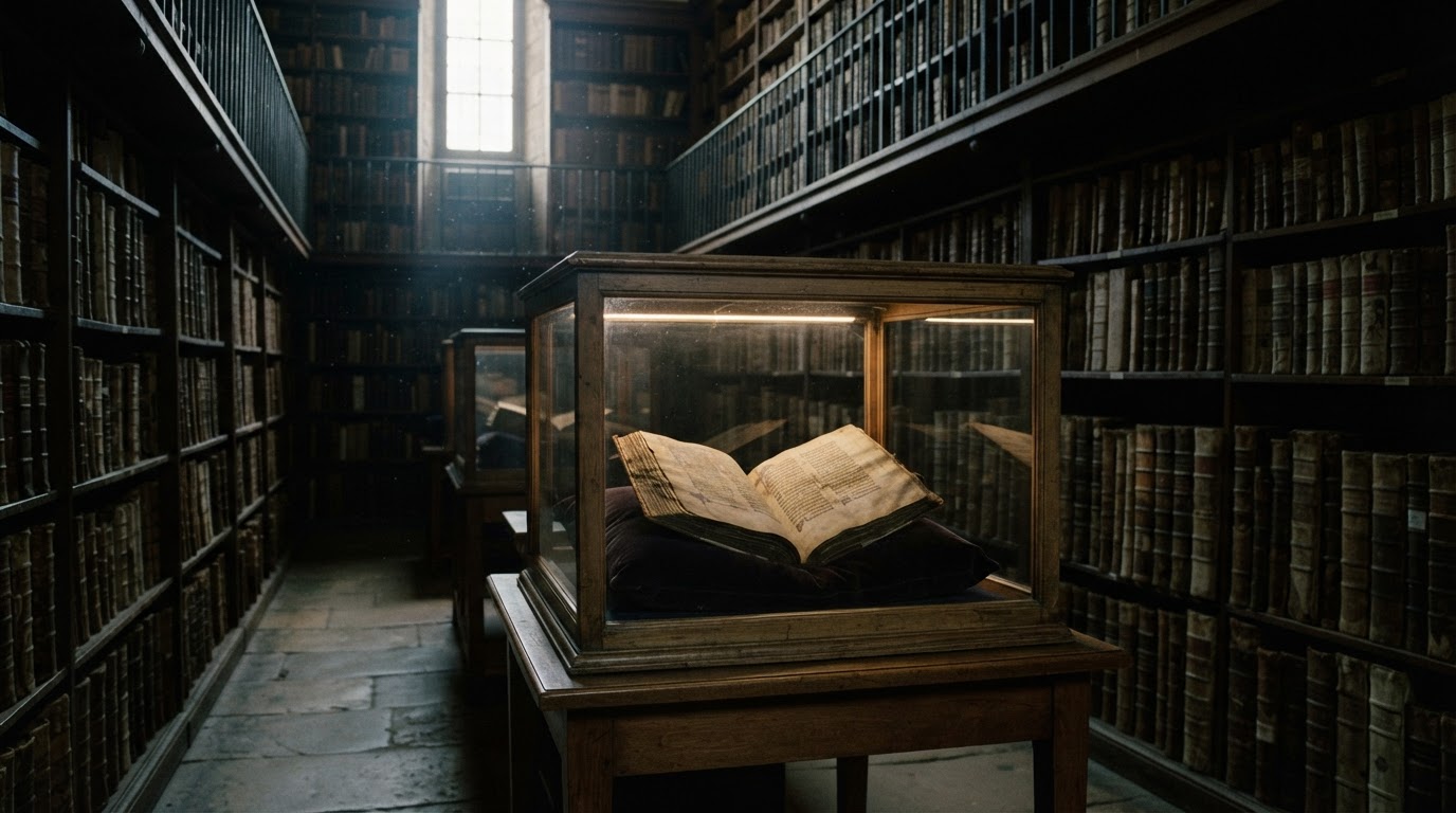 The stacks of an old library, an unnamed unknown manuscript resting inside a glass display case