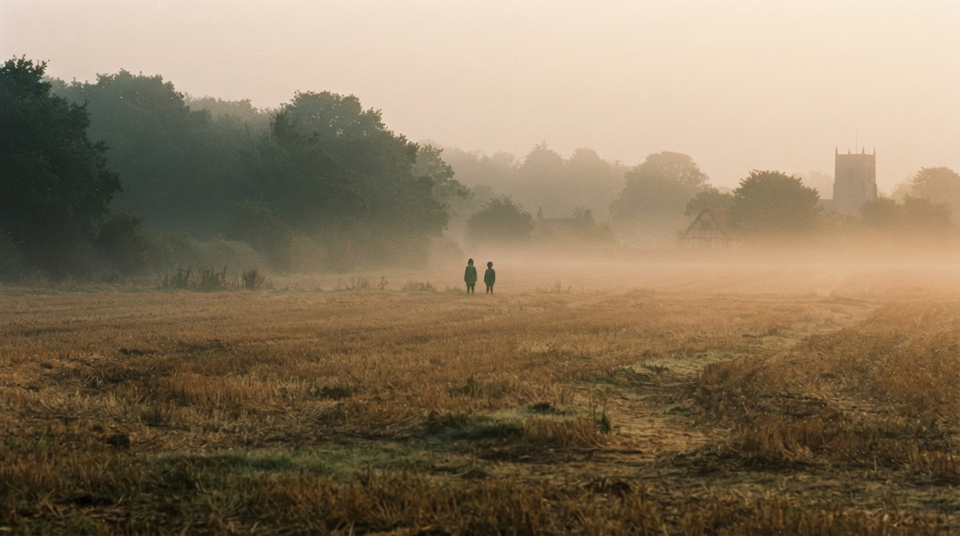 Silhouettes of two green-tinged children in a misty dawn field in 12th-century Suffolk, England