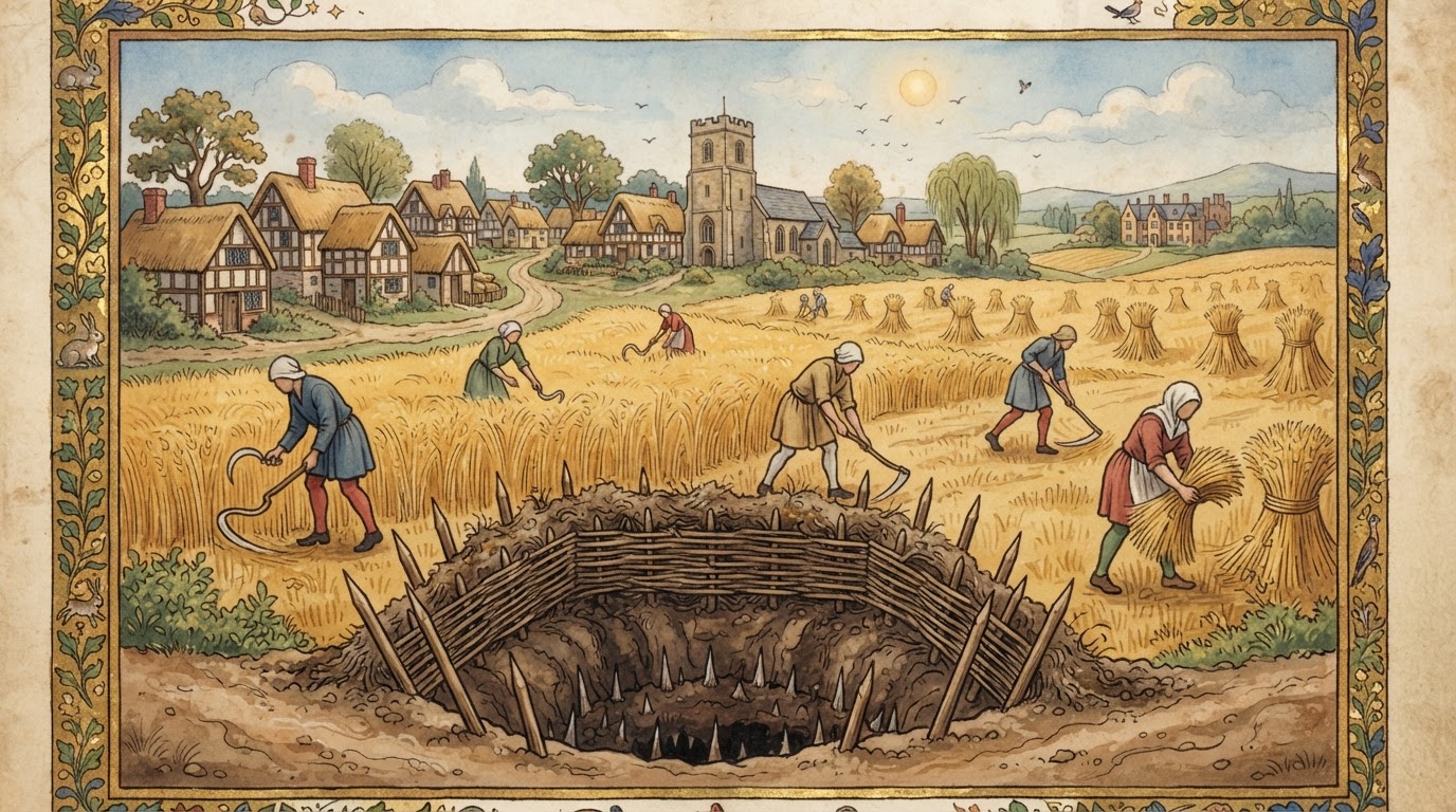 A medieval English wolf-pit trap and harvesting peasants, in the style of an illuminated manuscript