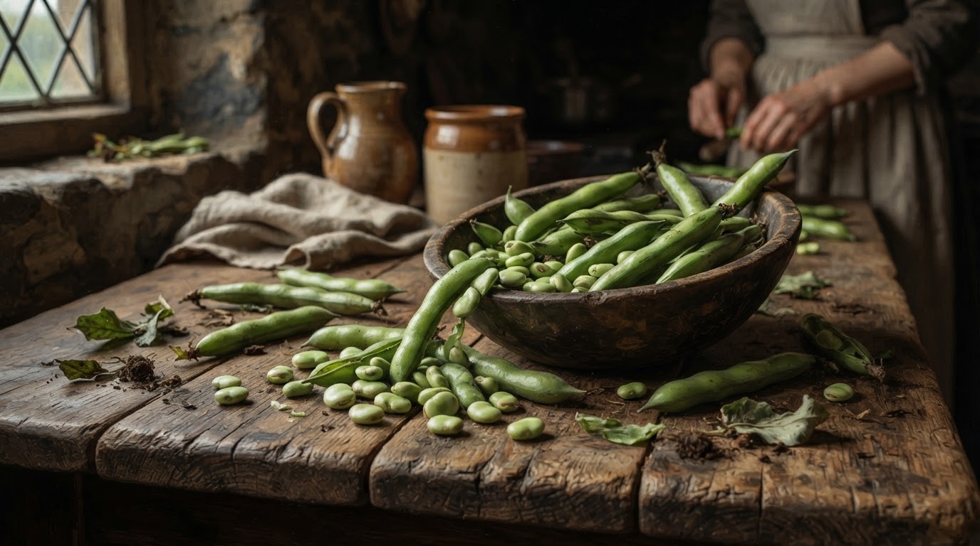 Freshly harvested bean pods and beans in a rustic medieval wooden bowl