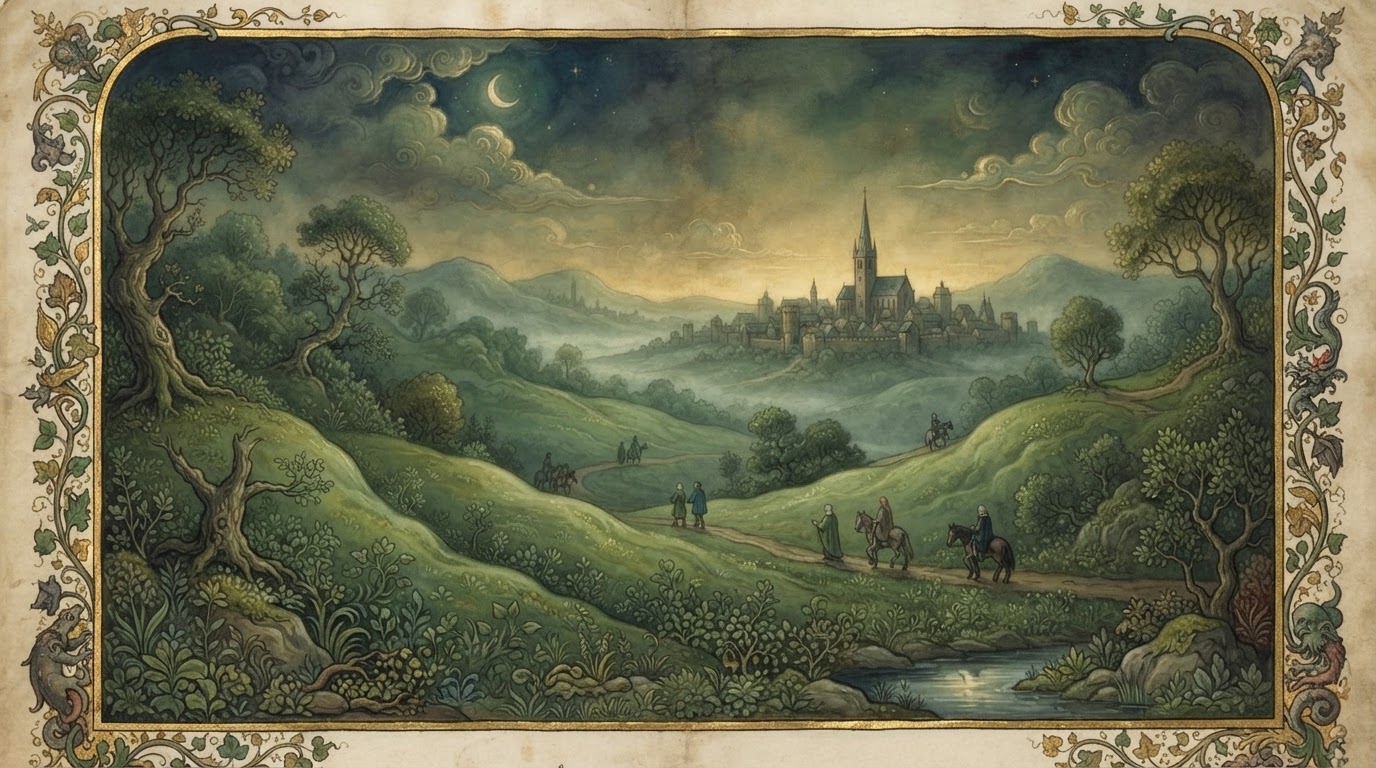 A dreamlike illuminated-manuscript-style landscape of a dim green land where the sun never rises
