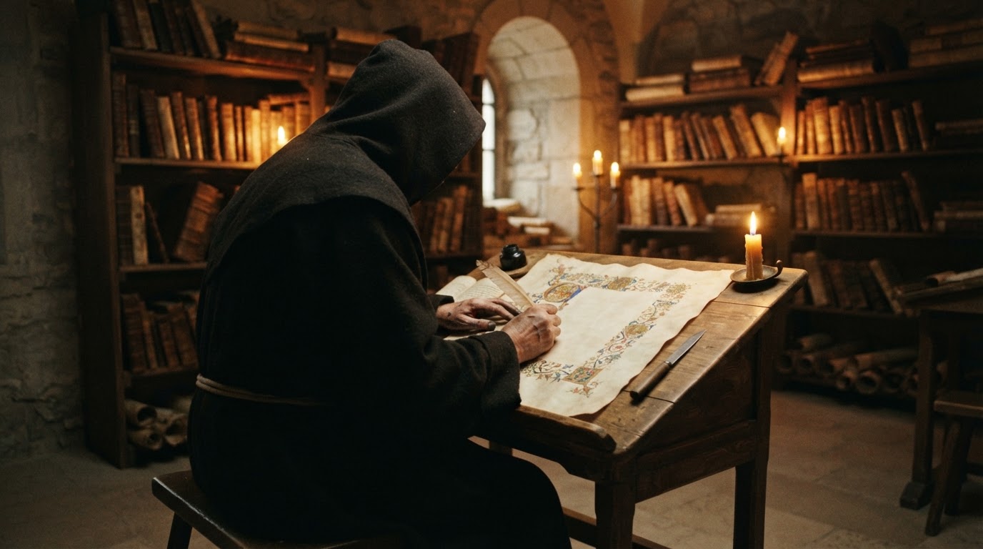 A clergyman writing a chronicle on parchment in a medieval monastery scriptorium