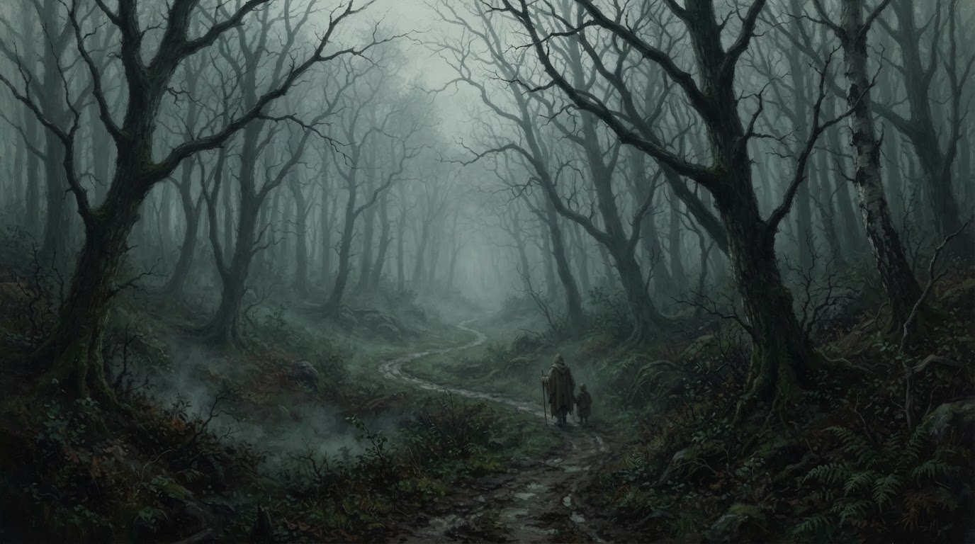 A dark, mist-shrouded medieval English forest with a narrow path winding through it