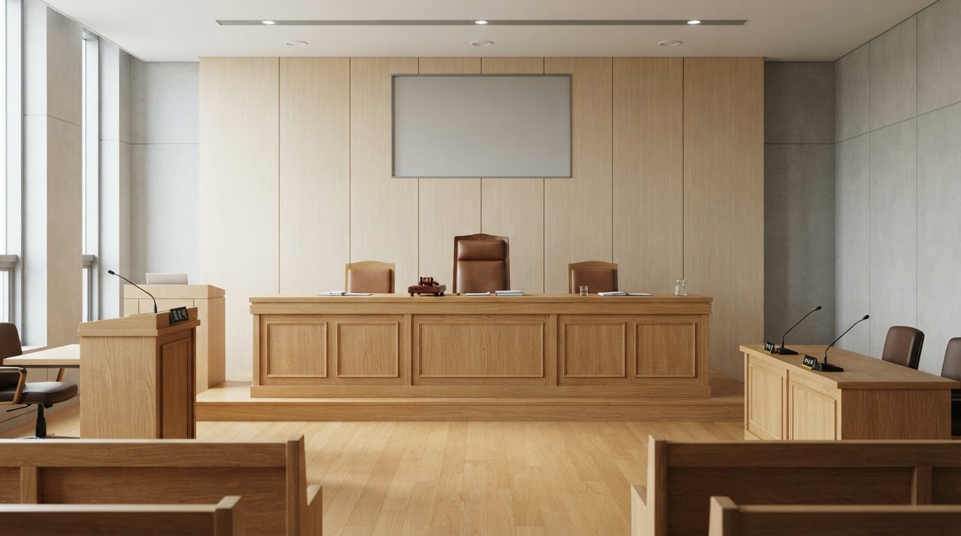 The quiet front of a courtroom, an empty judge's bench under calm lighting