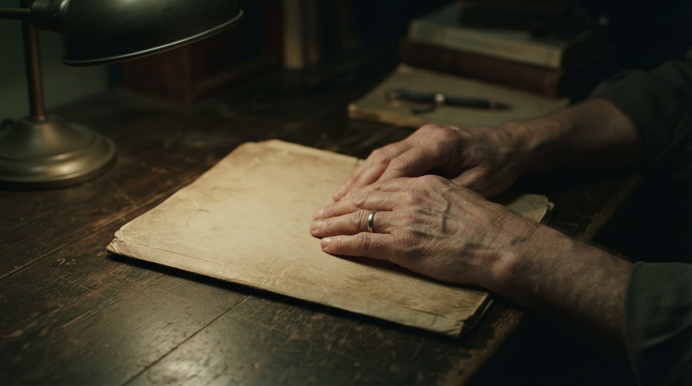 Hands reopening an old retrial case folder on a desk, softly blurred (no legible text)