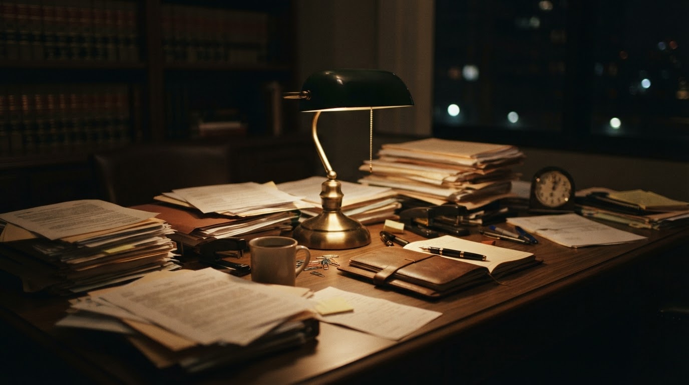 A lawyer's office desk with stacks of documents and a glowing desk lamp (no legible text)