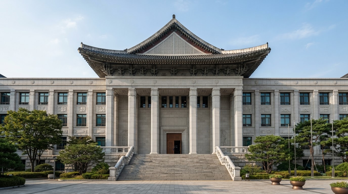 The dignified exterior facade of a courthouse, symbolizing justice