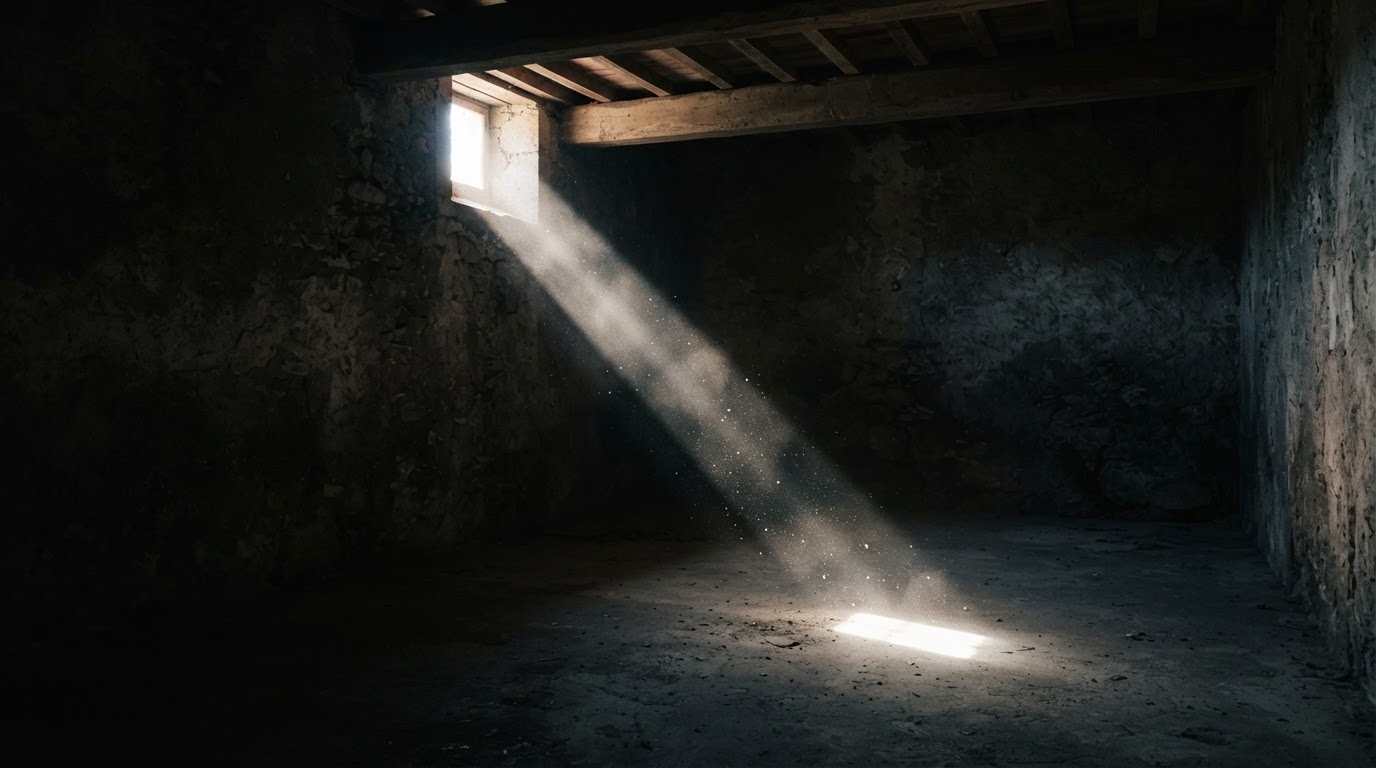 A single beam of light cutting through darkness, a lyrical symbol of truth emerging