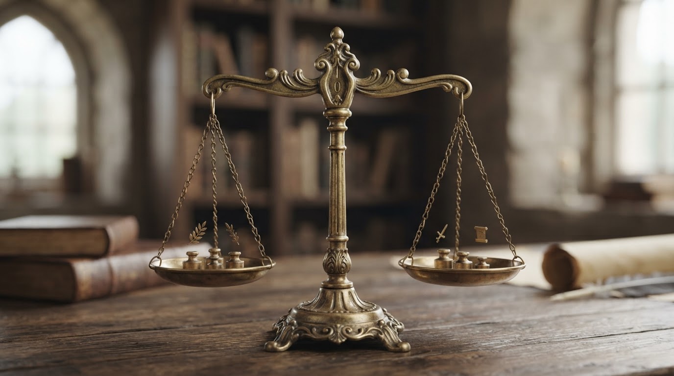 A balanced scale of justice in equilibrium, a symbolic image against a calm background (no legible text)