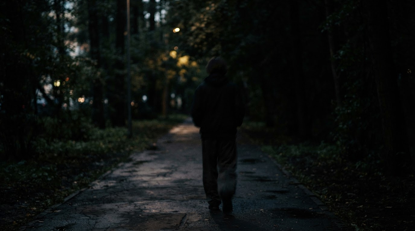 A single blurred silhouette of an unidentifiable figure disappearing into darkness (not a composite sketch, identity fully obscured)