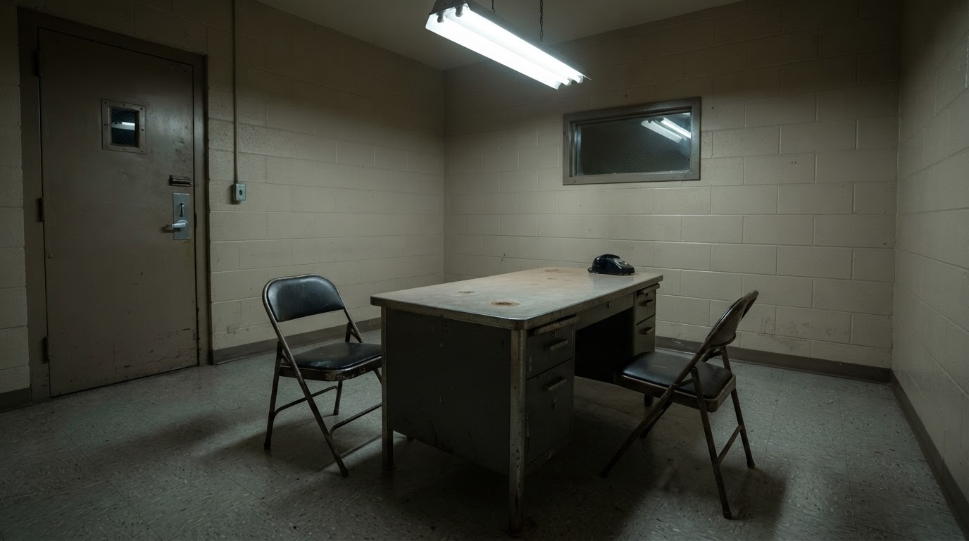 An empty interrogation room, a single worn desk and a cold overhead light