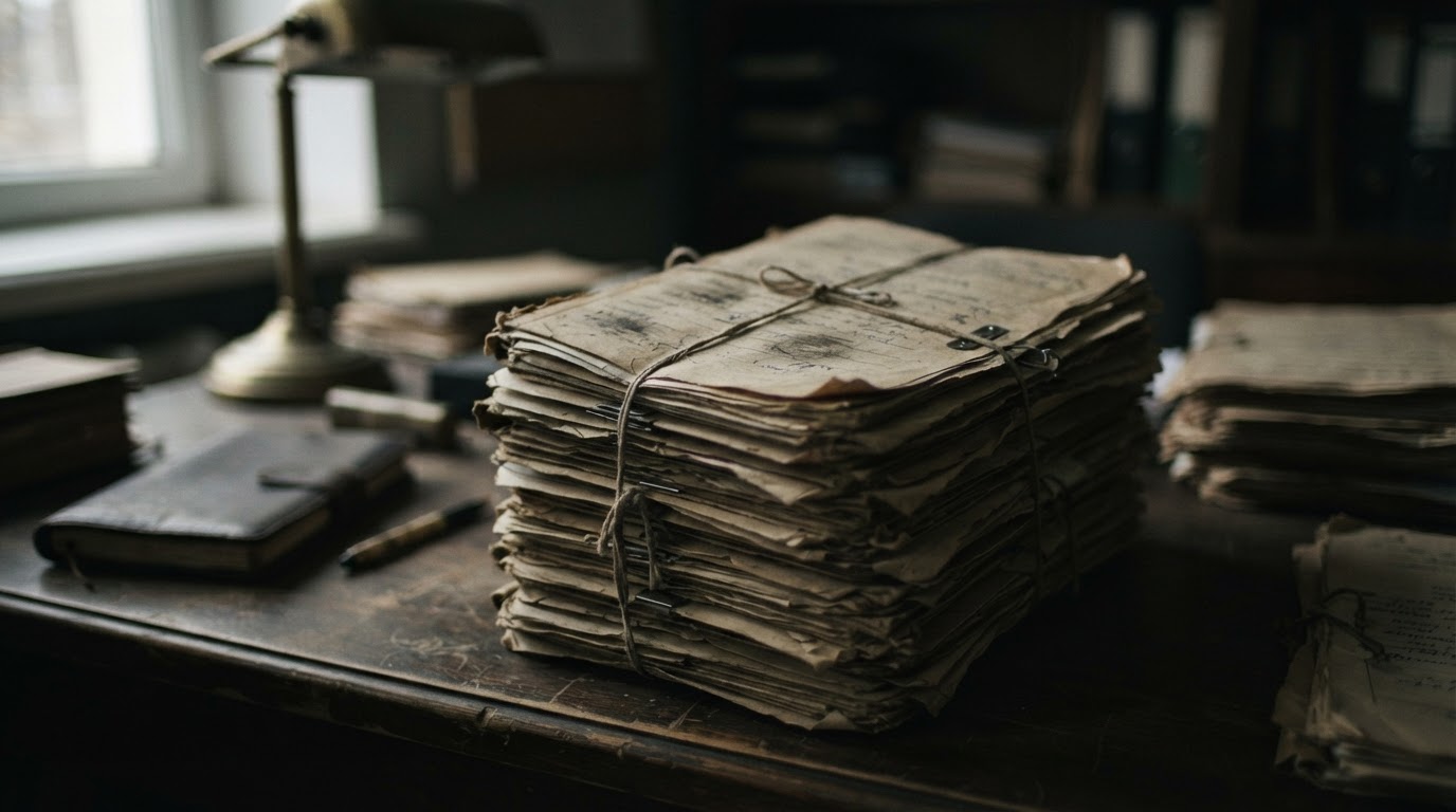 A stack of old case documents on a desk, the writing deliberately blurred beyond reading (no legible text)