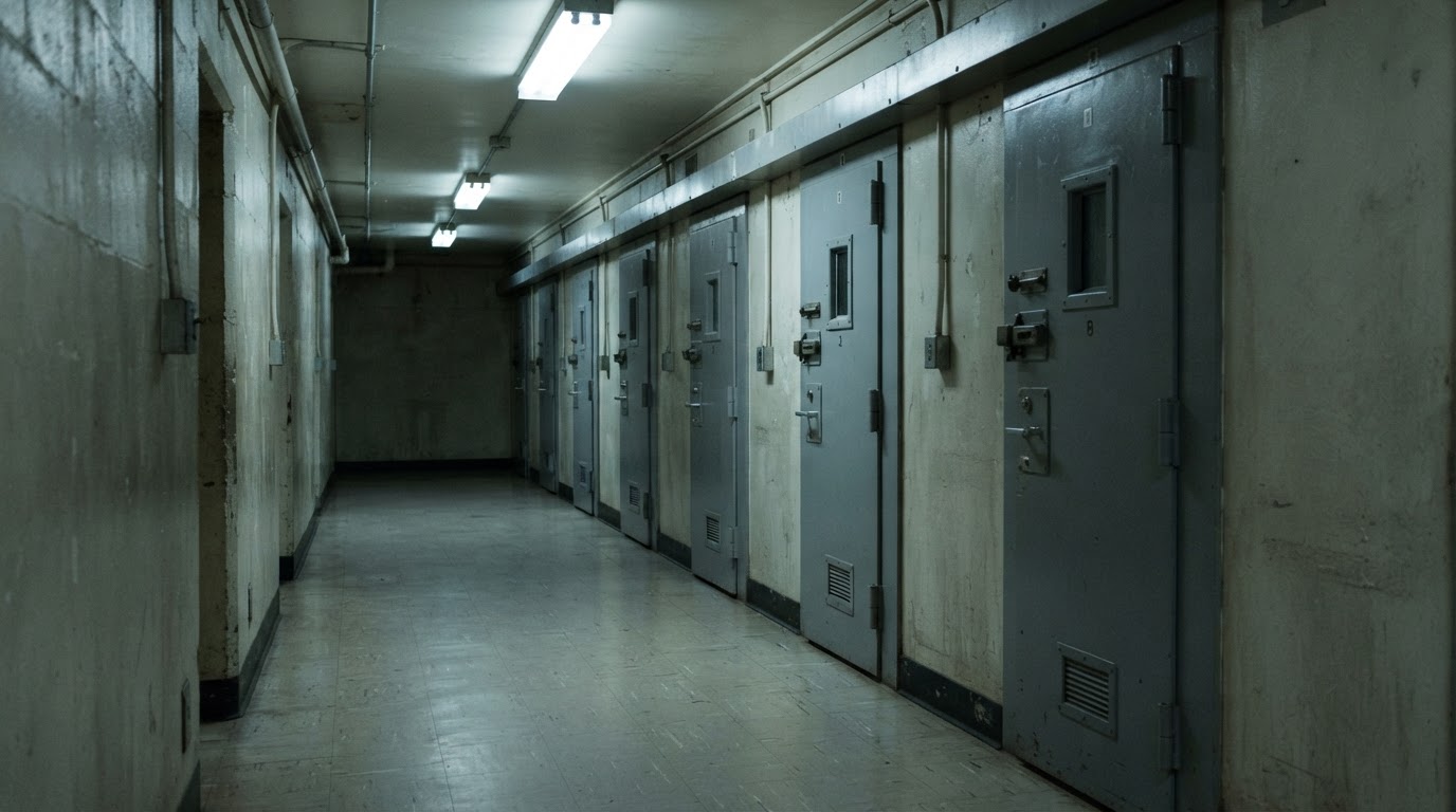 A narrow dim corridor leading to holding cells, a row of cold steel doors