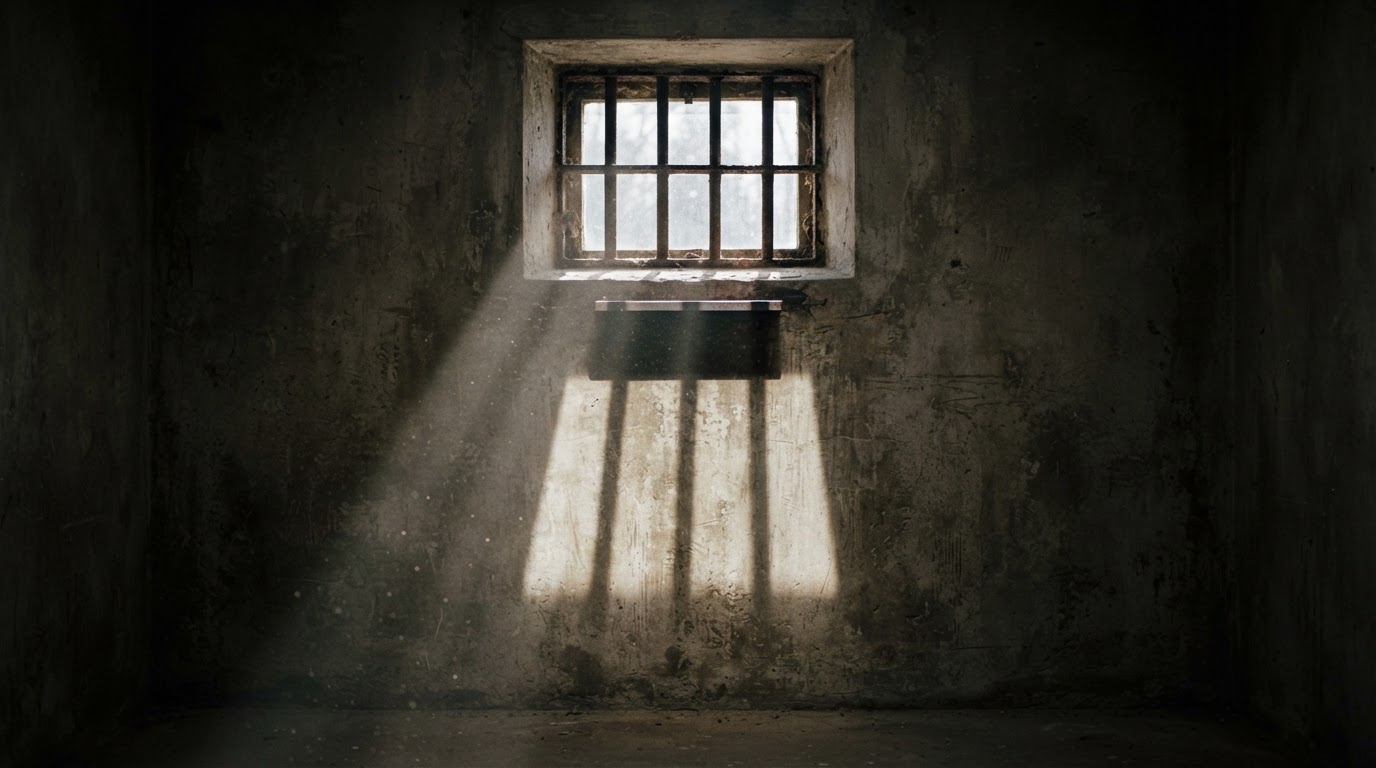 A single beam of light through a small barred prison window, bars' shadow on the wall