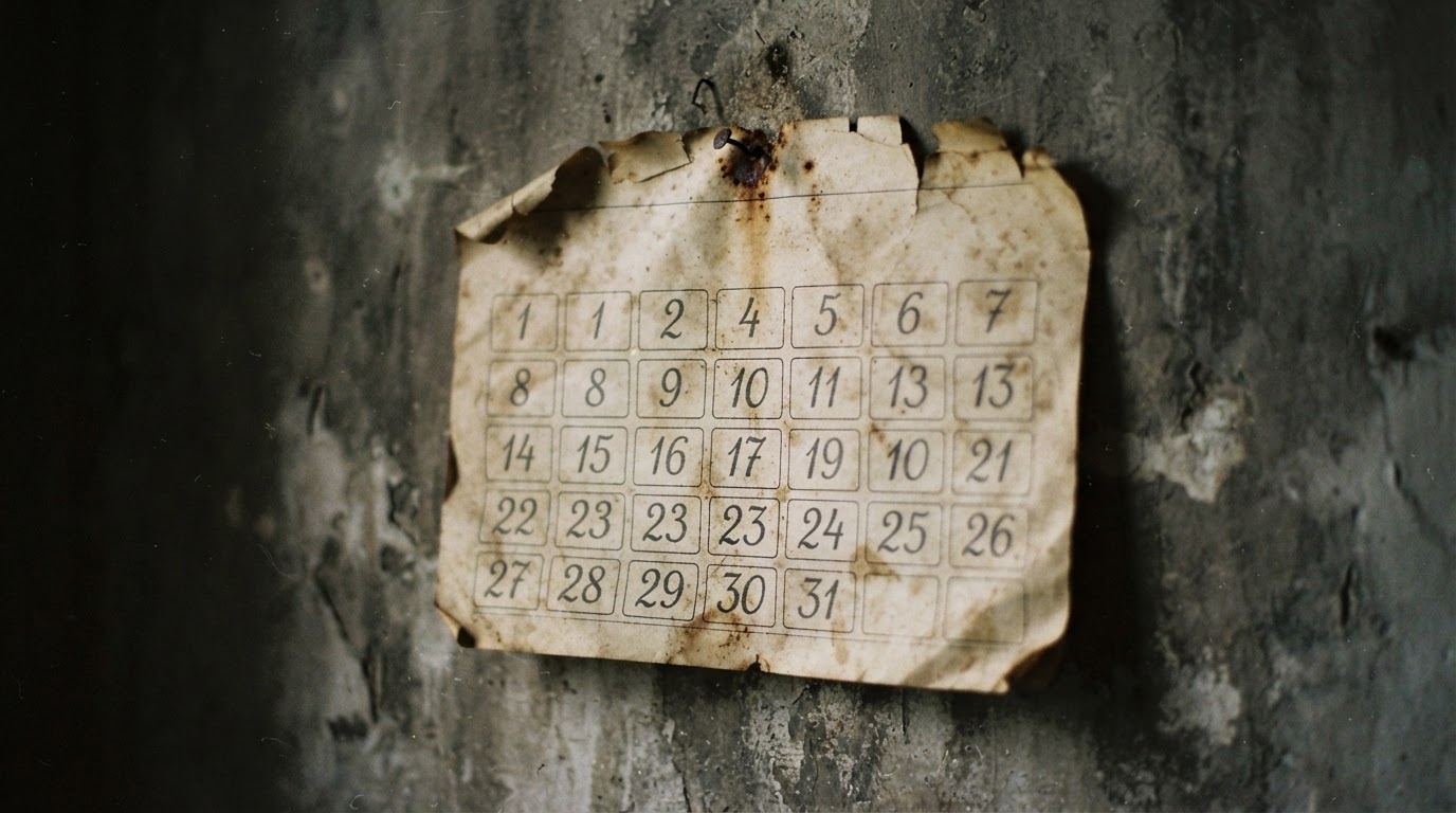 An old wall calendar marking the passage of years, numbers blurred beyond reading (no legible text)